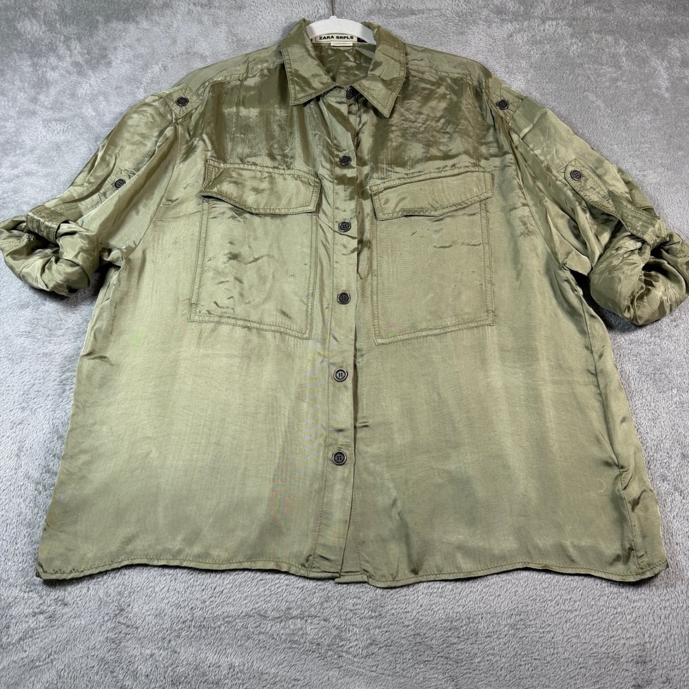 Zara SRPLS Button Down Shirt Women Medium Green Viscose Cupro Military Utility